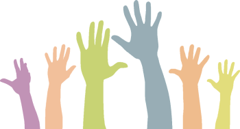 Coloured hands raised from volunteers.